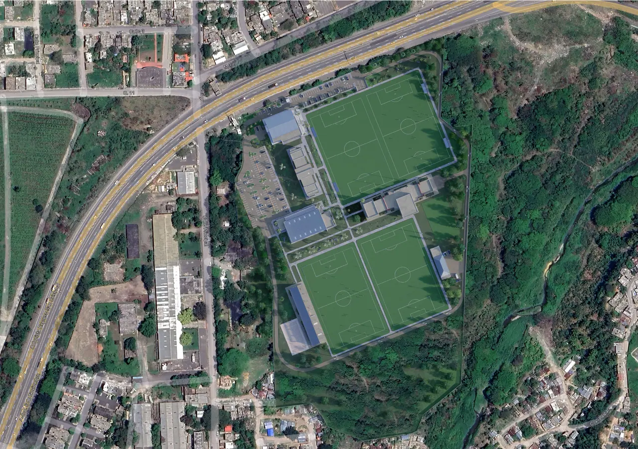 Fotomontaje satelital del predio con el proyecto del CAR superpuesto sobre el terreno real