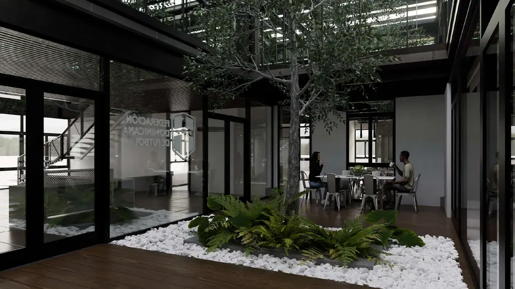 Render del patio interior con un árbol y zonas de estancia