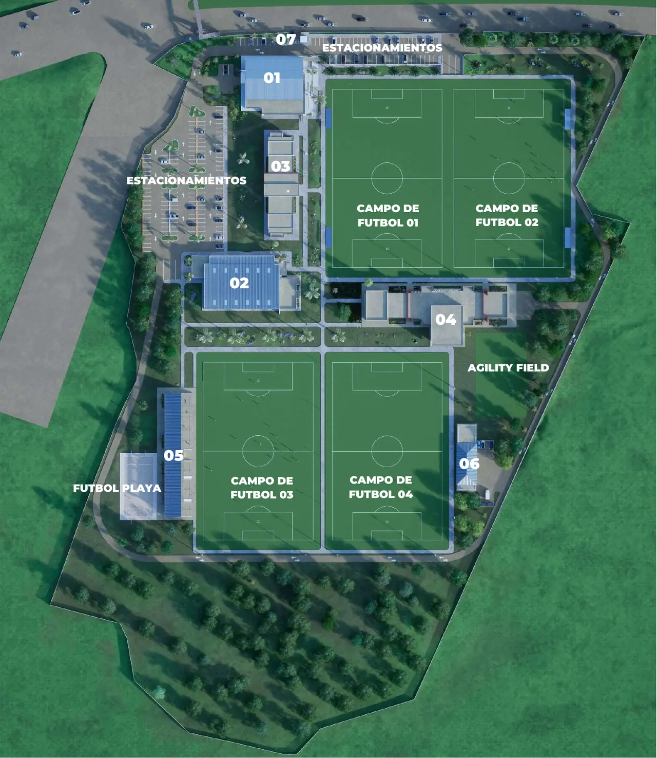 Plano general del máster plan del CAR: cuatro campos de fútbol 11, edificio principal, fútbol-sala, edificio residencial, clubhouse, graderías, mantenimiento, garita, fútbol playa, campo de agility y estacionamientos