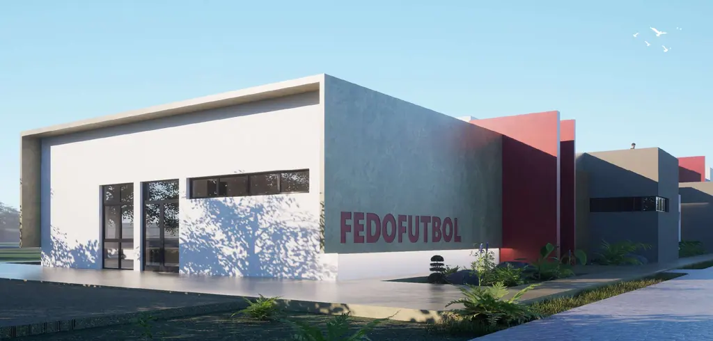 Render del volumen de fachada con el letrero FEDOFÚTBOL
